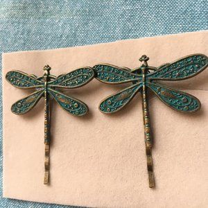 Set of 2 Verdigris Blue Green Dragonfly Hair Pins Accessory!